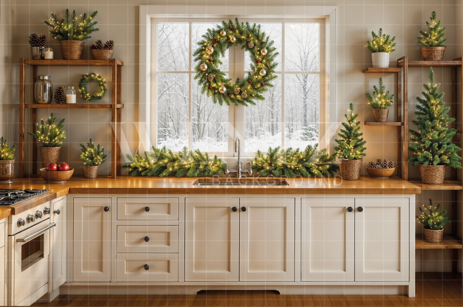 Fabric Photography Background Christmas Kitchen / Backdrop 7825