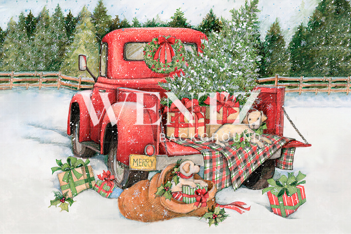 Fabric Photography Background Red Truck Christmas / 2476