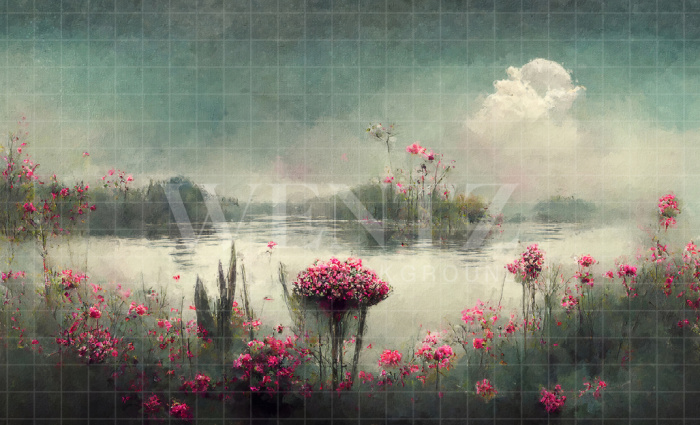 Fabric Photography Background Fairy Tale Lake with Flowers / Backdrop 2524