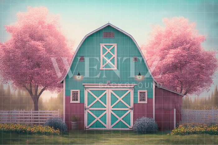 Fabric Photography Background Barn and Cherry Trees / Backdrop 2578