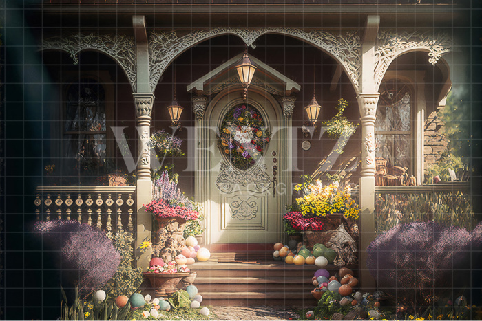 Photography Background in Facade with Easter Eggs and Flowers / Backdrop 2612