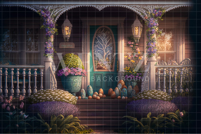 Fabric Photography Background Flowery House with Easter Eggs / Backdrop 2613