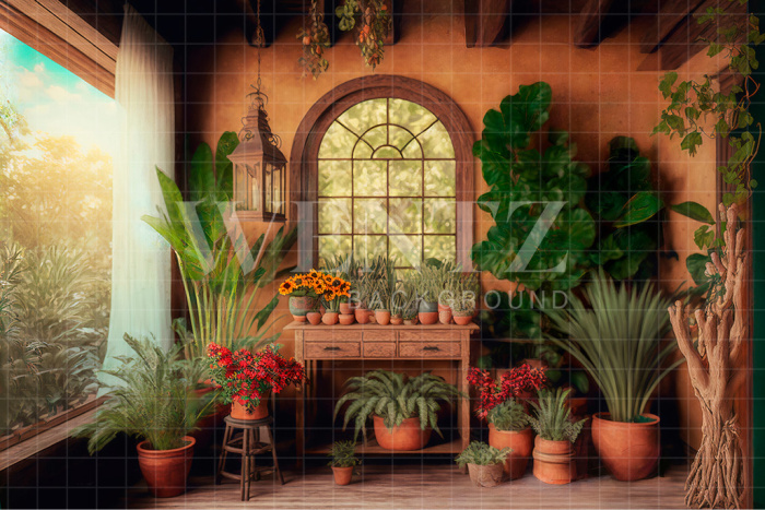 Fabric Photography Background House with Plants / Backdrop 2630