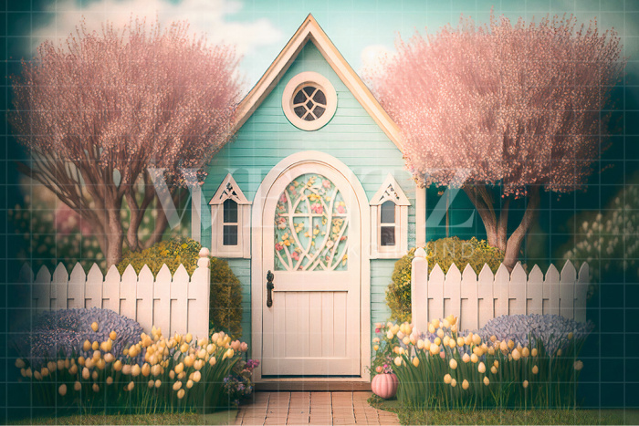 Fabric Photography Background Little House with White Fence / Backdrop 2634