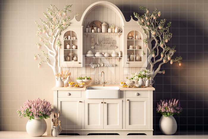 Fabric Photography Background Kitchen with Flowers  / Backdrop 2636
