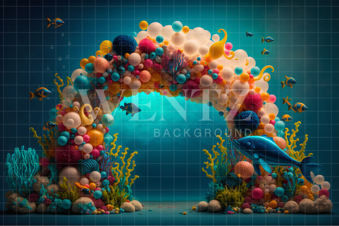 Fabric Photography Background Cake Smash Sea Bottom with Fishes / Backdrop 2668