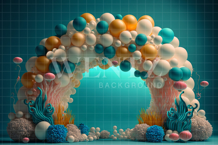 Fabric Photography Background Cake Smash Sea with Golden Balloons / Backdrop 2693