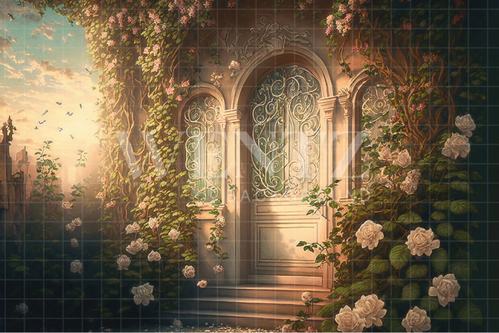 Fabric Photography Background Facade with Garden of Roses / Backdrop 2707