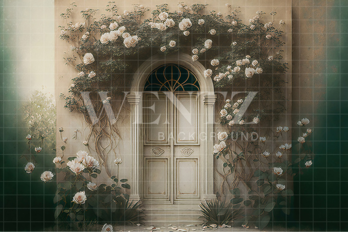 Fabric Photography Background White Door with Flowers Scenery / Backdrop 2711