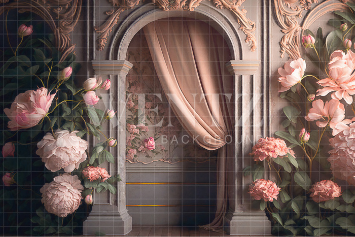 Fabric Photography Background Arch with Pink Curtain and Flowers / Backdrop 2716