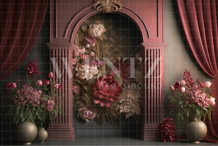 Fabric Photography Background Marsala Scenery with Arch and Flowers / Backdrop 2718
