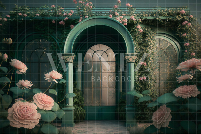 Fabric Photography Background Blue Door to the Flowery Garden / Backdrop 2719