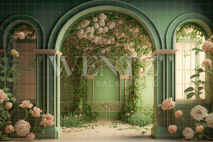 Fabric Photography Background Green Arch with White Roses / Backdrop 2720