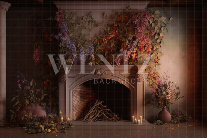 Fabric Photography Background Room with Fireplace and Plants / Backdrop 2724