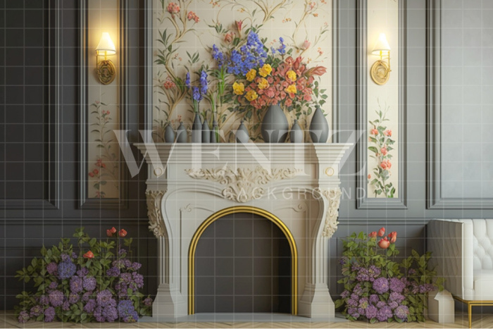 Fabric Photography Background Room with Fireplace and Flowers / Backdrop 2726