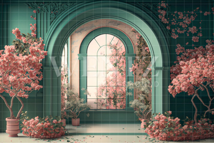 Fabric Photography Background Green Room with Cherry Blossoms / Backdrop 2732