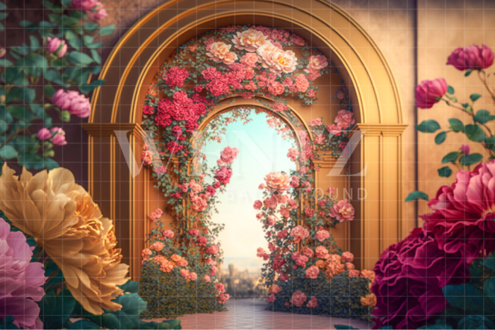 Fabric Photography Background Golden Scenery with Roses / Backdrop 2735