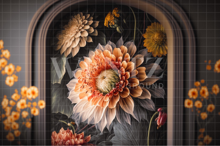 Fabric Photography Background Scenery with Brown Arch and Flowers / Backdrop 2736