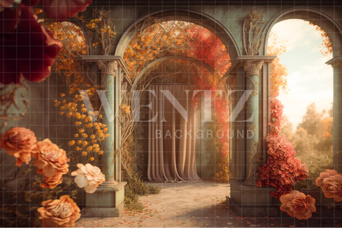 Fabric Photography Background Scenery with Greek Arch and Roses / Backdrop 2741