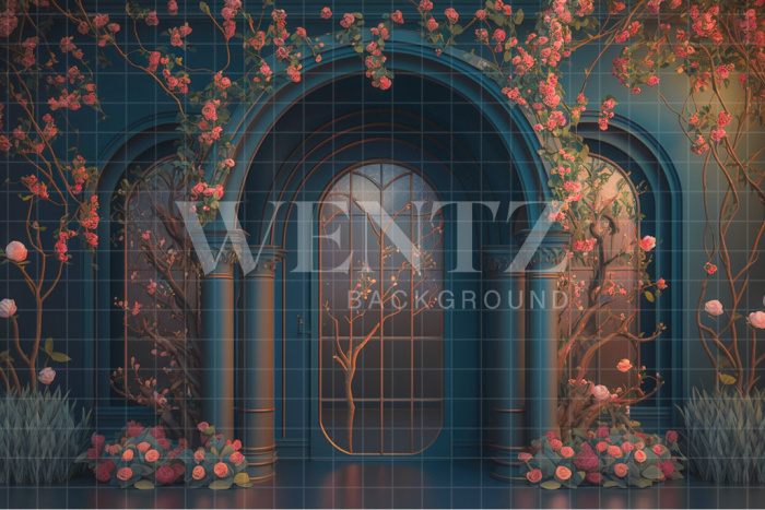 Fabric Photography Background Blue Facade with Flowers / Backdrop 2747