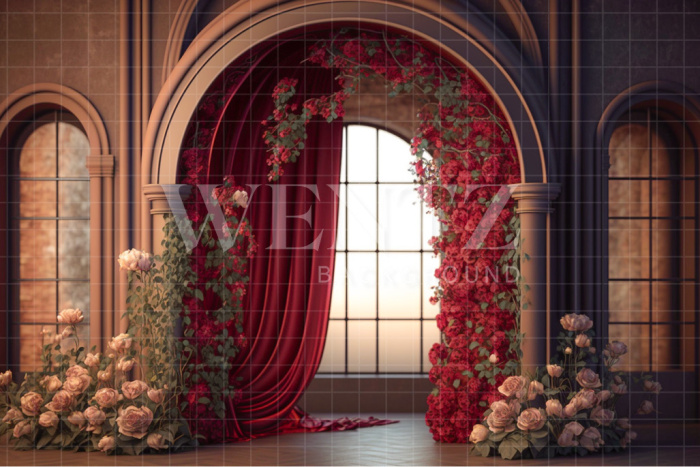 Fabric Photography Background Terracotta Arch with Red Curtains / Backdrop 2749