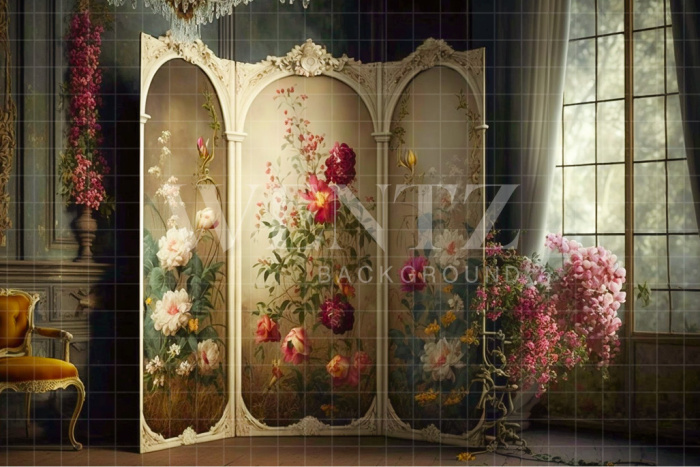 Fabric Photography Background Room with Dressing Screen and Flowers / Backdrop 2755