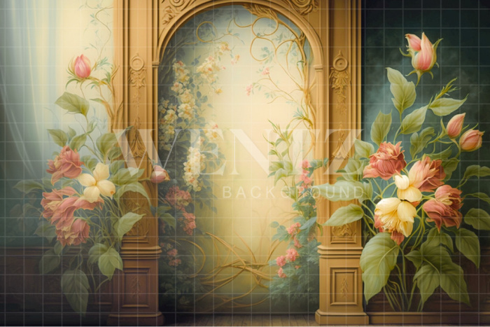 Fabric Photography Background Golden Scenery with Flowers / Backdrop 2757