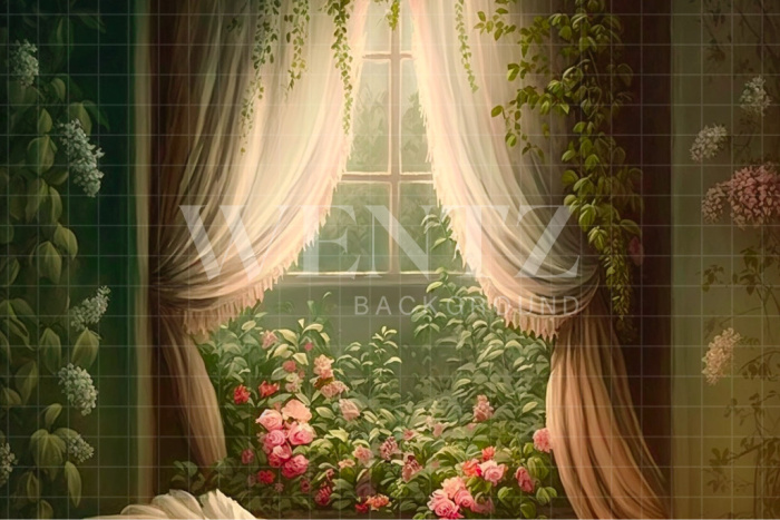 Fabric Photography Background Window with Curtains and Flowers / Backdrop 2763