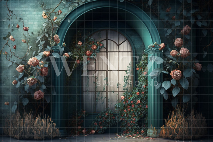 Fabric Photography Background Blue Scenery with Flowers / Backdrop 2773