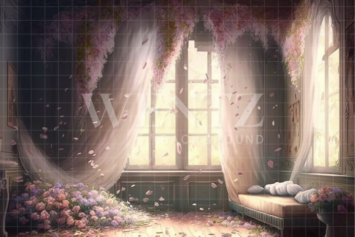 Fabric Photography Background Scenery Window with Flowers / Backdrop 2802