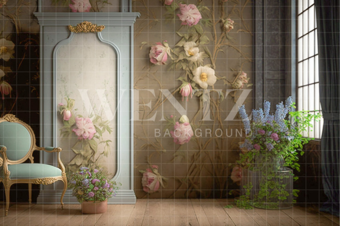 Fabric Photography Background with Chair and Flowers / Backdrop 2806