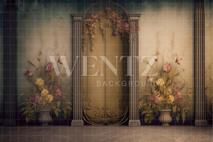 Fabric Photography Background Scenery with Golden Door and Flowers / Backdrop 2811