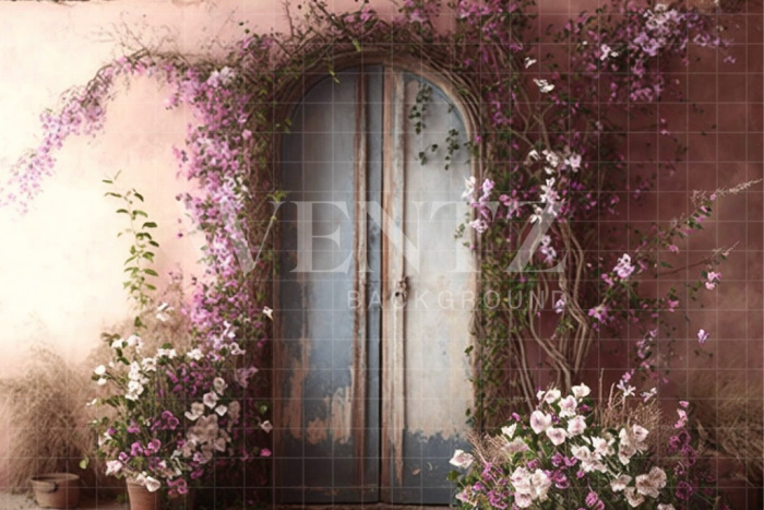 Fabric Photography Background Set Blue Door with Flowers / Backdrop 2817