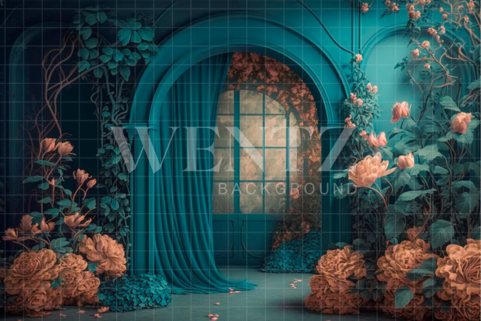 Fabric Photography Background Blue Arch with Flowers / Backdrop 2914
