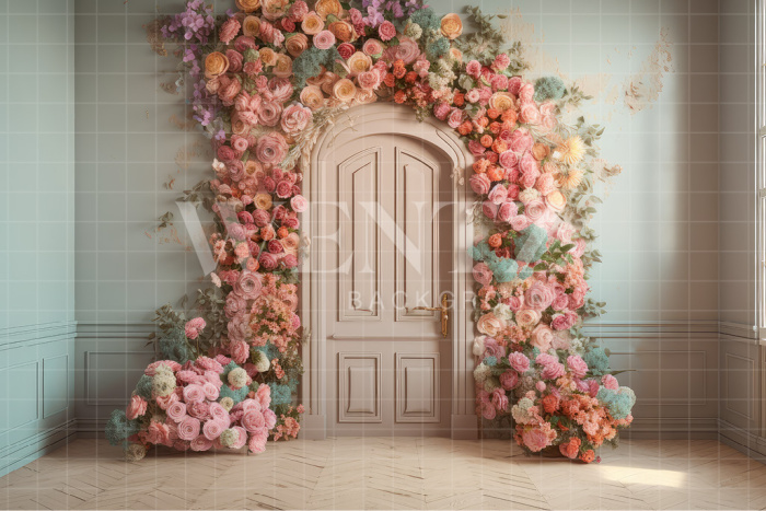 Fabric Photography Background Door with Flowers / Backdrop 3164