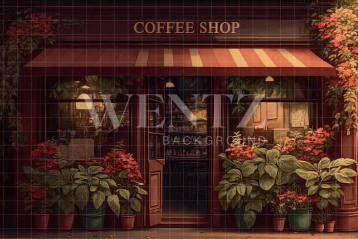 Fabric Photography Background Coffee Shop with Flowers / Backdrop 3165