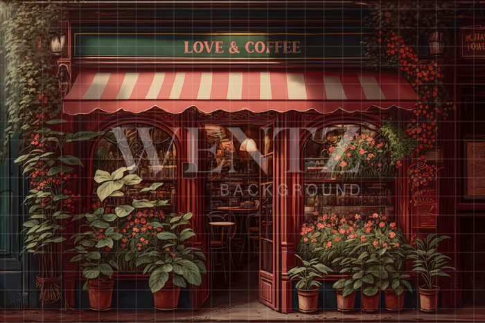 Fabric Photography Background Coffee Shop with Flowers / Backdrop 3167