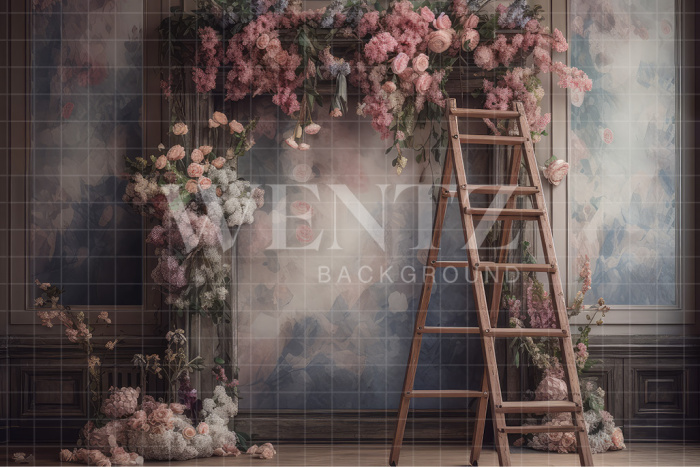 Fabric Photography Background Scenery with Ladder and Flowers / Backdrop 3168
