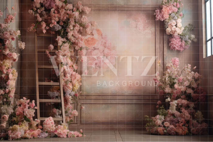 Fabric Photography Background Scenery with Ladder and Flowers / Backdrop 3169