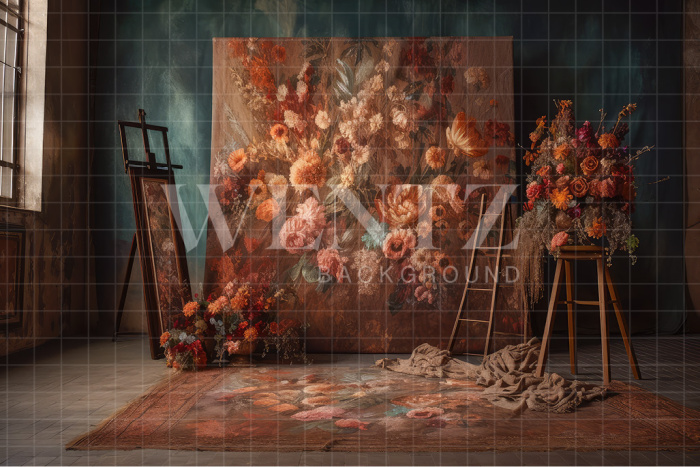 Fabric Photography Background Scenery with Ladder and Flowers / Backdrop 3170