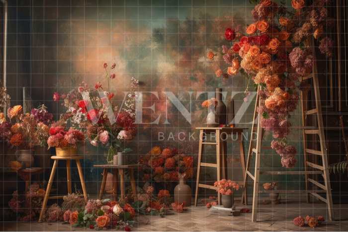 Fabric Photography Background Scenery with Ladder and Flowers / Backdrop 3171