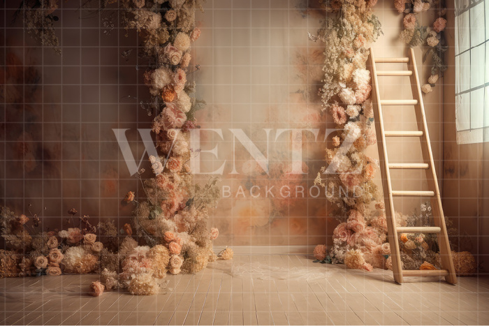 Fabric Photography Background Scenery with Ladder and Flowers / Backdrop 3172