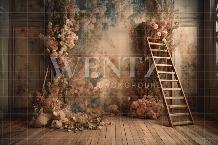 Fabric Photography Background Scenery with Ladder and Flowers / Backdrop 3173