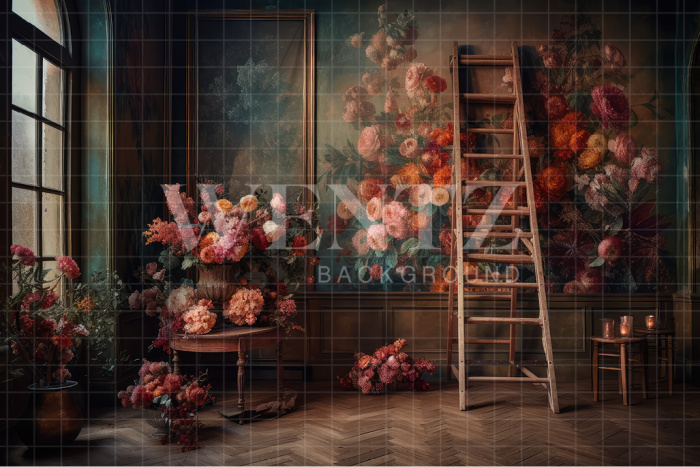 Fabric Photography Background Scenery with Ladder and Flowers / Backdrop 3174