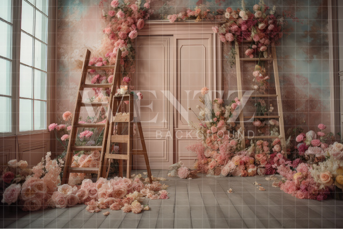 Fabric Photography Background Scenery with Ladder and Flowers / Backdrop 3175