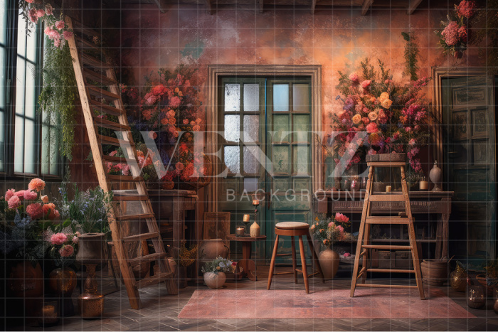 Fabric Photography Background Scenery with Ladder and Flowers / Backdrop 3176