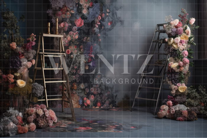 Fabric Photography Background Scenery with Ladder and Flowers / Backdrop 3177