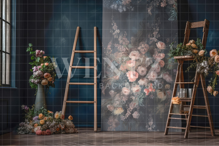 Fabric Photography Background Scenery with Ladder and Flowers / Backdrop 3178