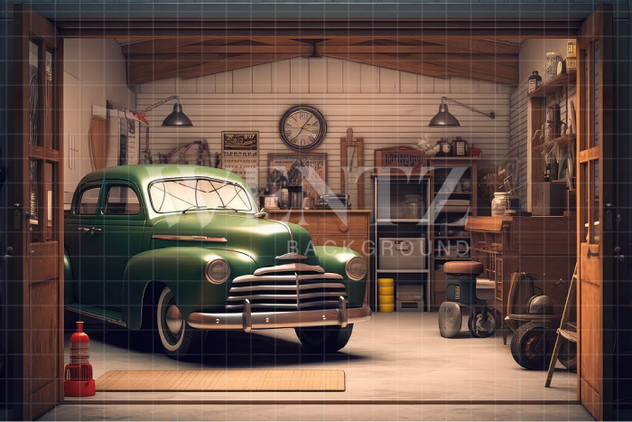 Fabric Photography Background Garage with Old Car / Backdrop 3258