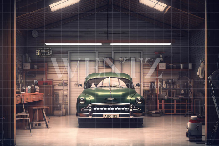 Fabric Photography Background Garage with Old Car / Backdrop 3259